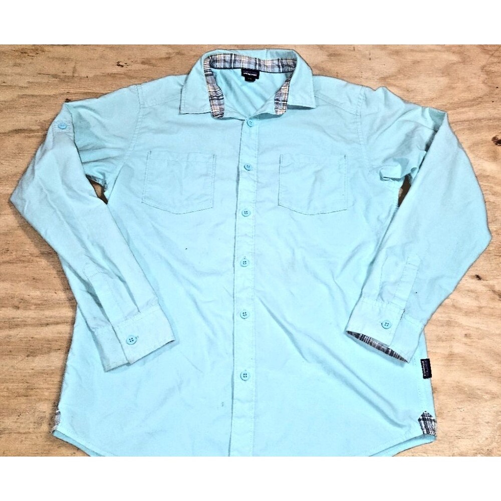 Patagonia Shirt Boys XXL Long Sleeve Button Up roll up sleeves blue green 2xl